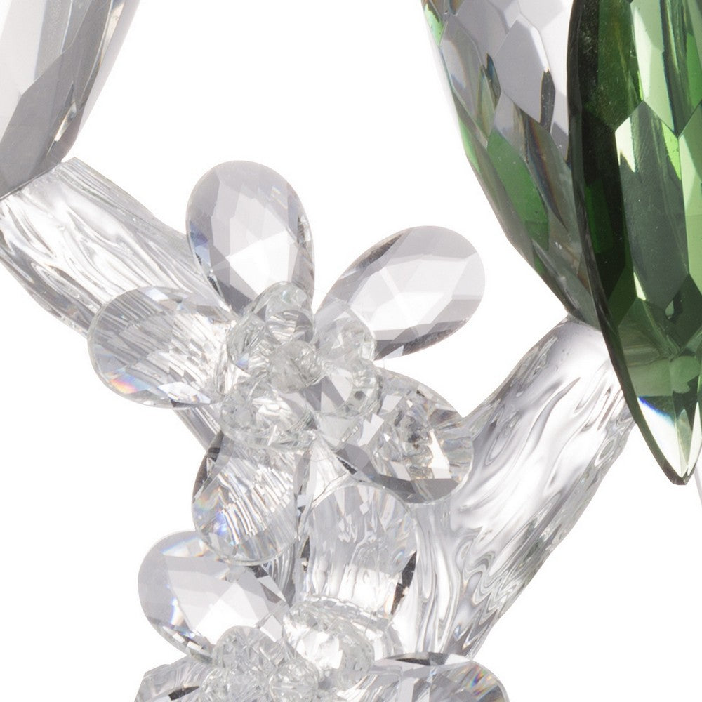 9 Inch 2 Parrots Sculpture Figurine Accent, Clear and Green Faceted Glass - BM285324