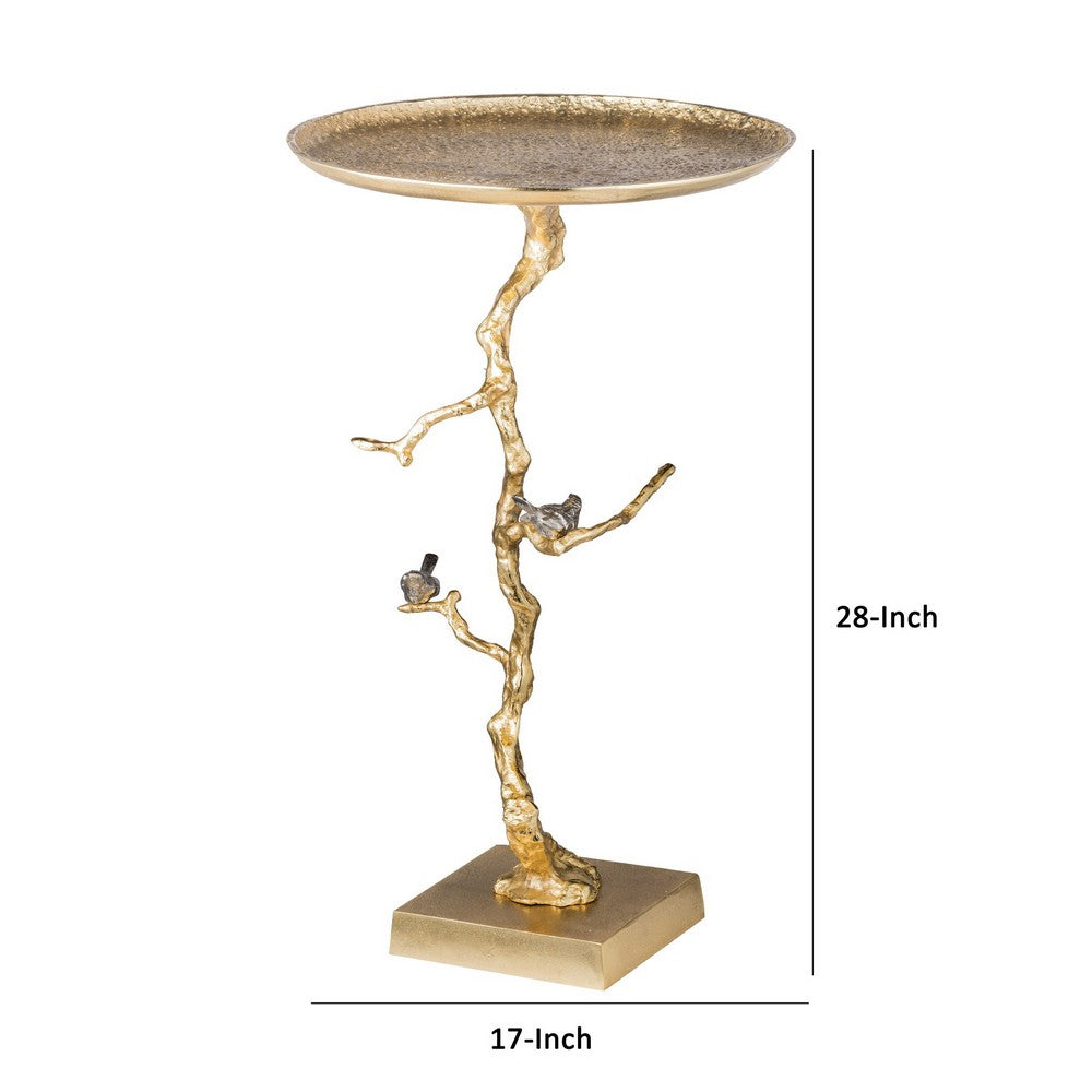 28 Inch Accent Table, Artful Branchlike Frame, Silver Bird Accents, Gold - BM285329