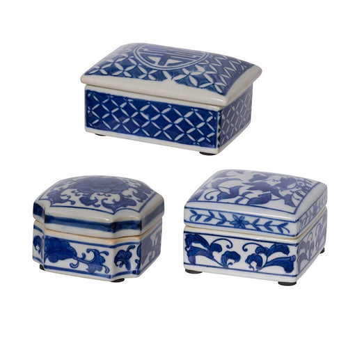 Set of 3 Decorative Boxes, White and Blue Porcelain Pottery, Floral Designs - BM285351