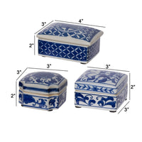Set of 3 Decorative Boxes, White and Blue Porcelain Pottery, Floral Designs - BM285351