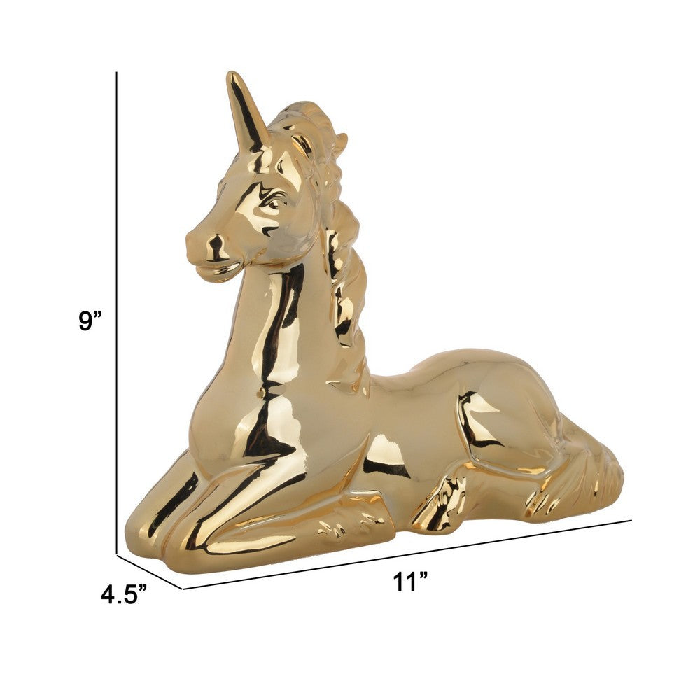 11 Inch Sitting Unicorn Figurine, Ceramic Statuette in Gold Metallic Finish - BM285352