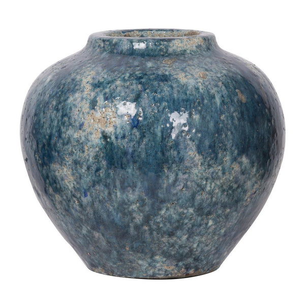 10 Inch Small Round Terracotta Vase, Subtly Curved, Textured Blue Finish - BM285357