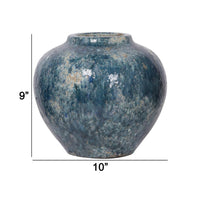10 Inch Small Round Terracotta Vase, Subtly Curved, Textured Blue Finish - BM285357