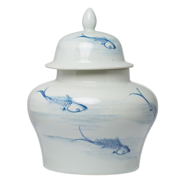 18 Inch Porcelain Ginger Jar, Artful Wispy Fish, Classic White and Blue - BM285358