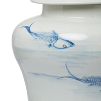 18 Inch Porcelain Ginger Jar, Artful Wispy Fish, Classic White and Blue - BM285358