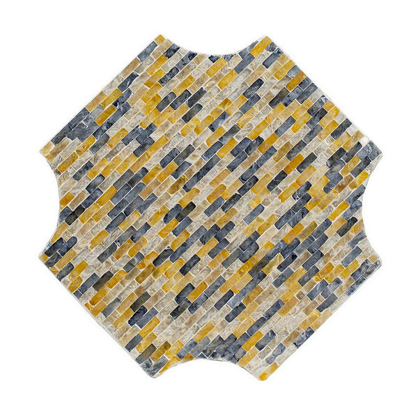 18 Inch Modern Capiz Accent Table Stool, Yellow, Blue Mosaic Pattern - BM285361
