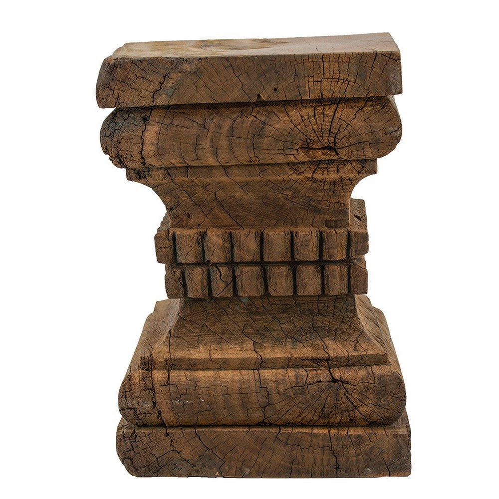 20 Inch Accent Table, Rustic Pillar Pedestal with Scrolled Carvings, Brown - BM285367