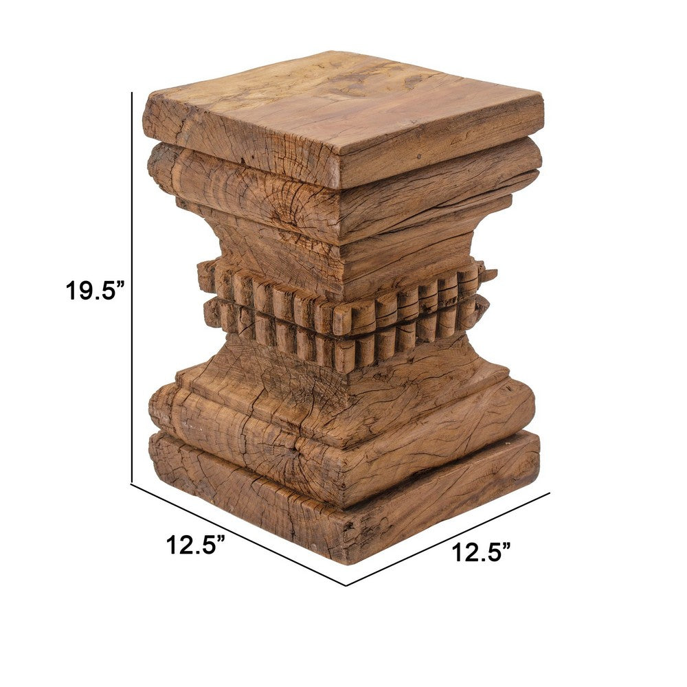 20 Inch Accent Table, Rustic Pillar Pedestal with Scrolled Carvings, Brown - BM285367
