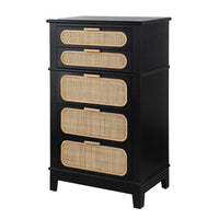 Dana 46 Inch Tall Dresser Chest, Pine Wood, Woven Rattan, 5 Drawers, Black - BM285390