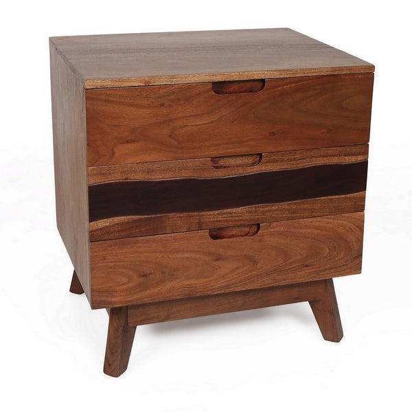 23 Inch Nightstand Side Table, Live Edge Acacia Wood, 3 Drawers, Brown - BM285393