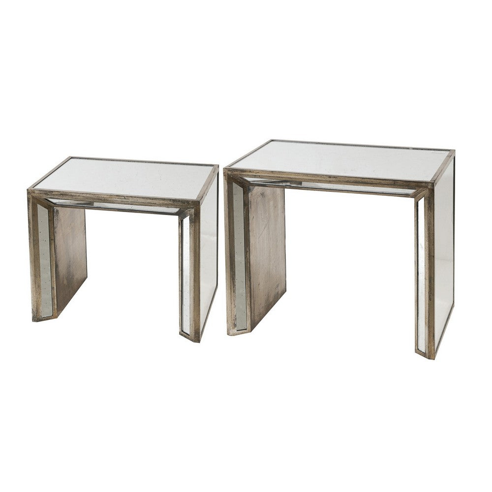 27, 21 Inch Nesting Side Table Set of 2, Mirrored Wood Frame, Silver - BM285394