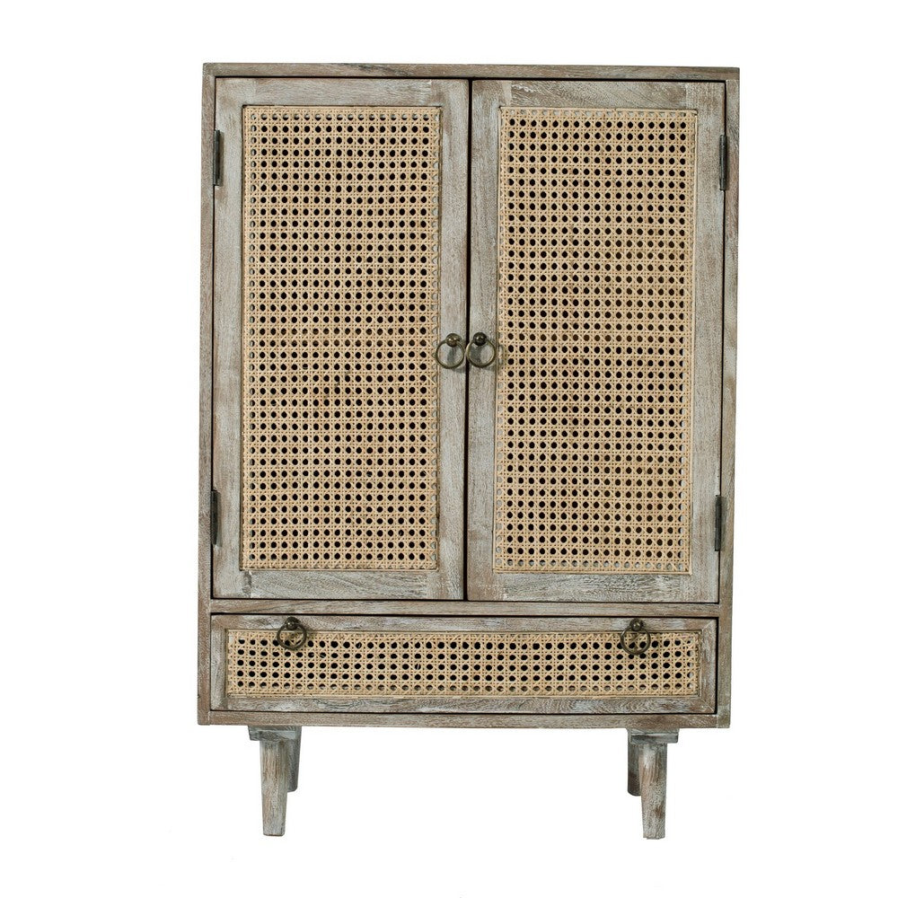 38 Inch 2 Door Cabinet, 1 Drawer, Acacia Wood, Cane Front, Weathered White - BM285400