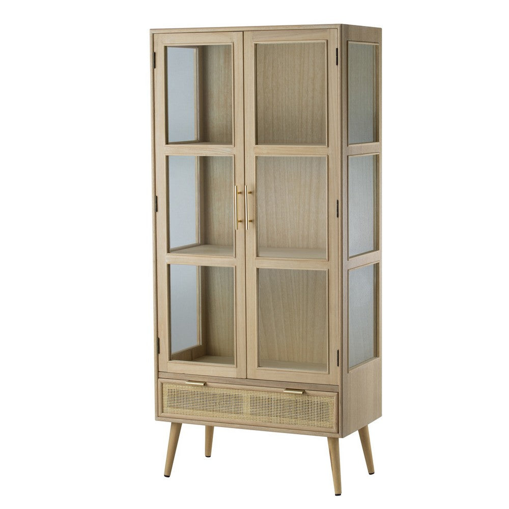 Dana 63 Inch Tall Cabinet, 2 Glass Doors, 1 Drawer, Natural Pine Wood - BM285409