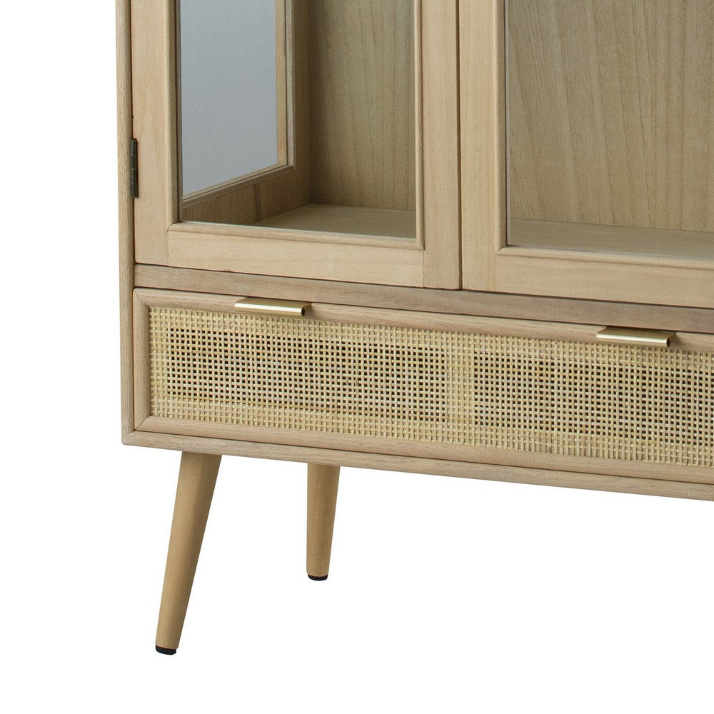 Dana 63 Inch Tall Cabinet, 2 Glass Doors, 1 Drawer, Natural Pine Wood - BM285409