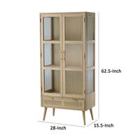 Dana 63 Inch Tall Cabinet, 2 Glass Doors, 1 Drawer, Natural Pine Wood - BM285409