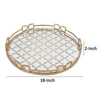 Sui 18 Inch Round Decorative Tray, Glass Bottom and Gold Geometric Frame - BM285515