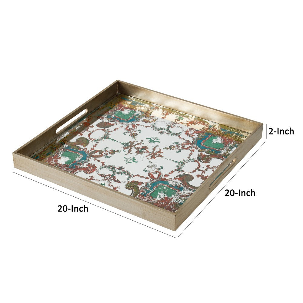 Miki 20 Inch Square Decorative Tray, Artisan Mirrored Damask Pattern, Gold - BM285517