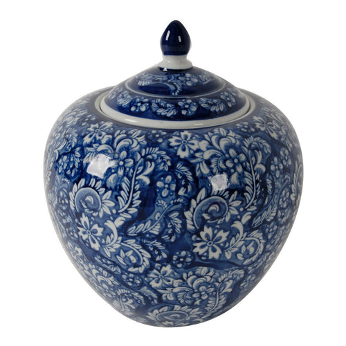 10 Inch Lidded Jar, Curved Round Persian Floral Print, Blue Porcelain - BM285519