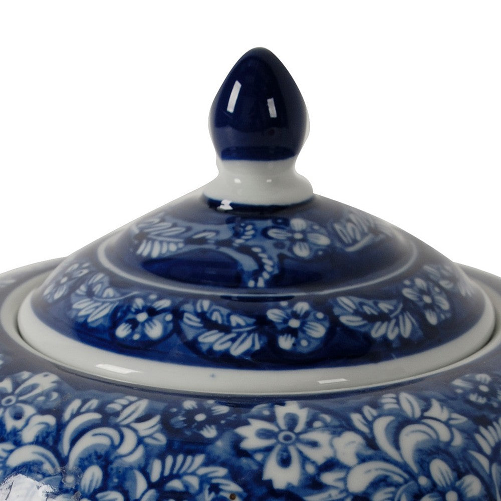 10 Inch Lidded Jar, Curved Round Persian Floral Print, Blue Porcelain - BM285519