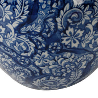 10 Inch Lidded Jar, Curved Round Persian Floral Print, Blue Porcelain - BM285519