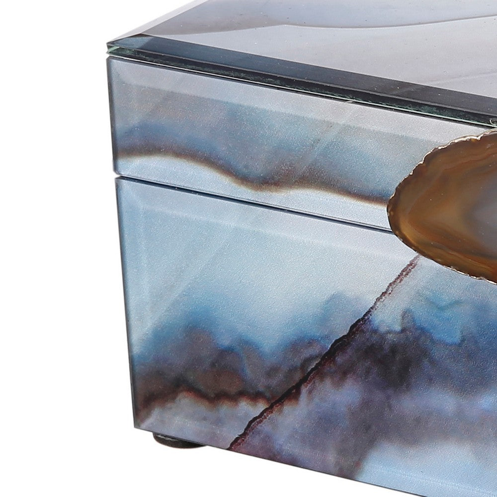 8, 6 Inch Modern Jewelry Box, Blue Silver Marble Effect, Glass and Stone - BM285522
