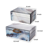 8, 6 Inch Modern Jewelry Box, Blue Silver Marble Effect, Glass and Stone - BM285522