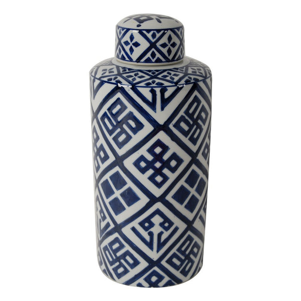 14 Inch Lidded Jar, Geometric Pattern, Cylindrical Blue and White Porcelain - BM285526