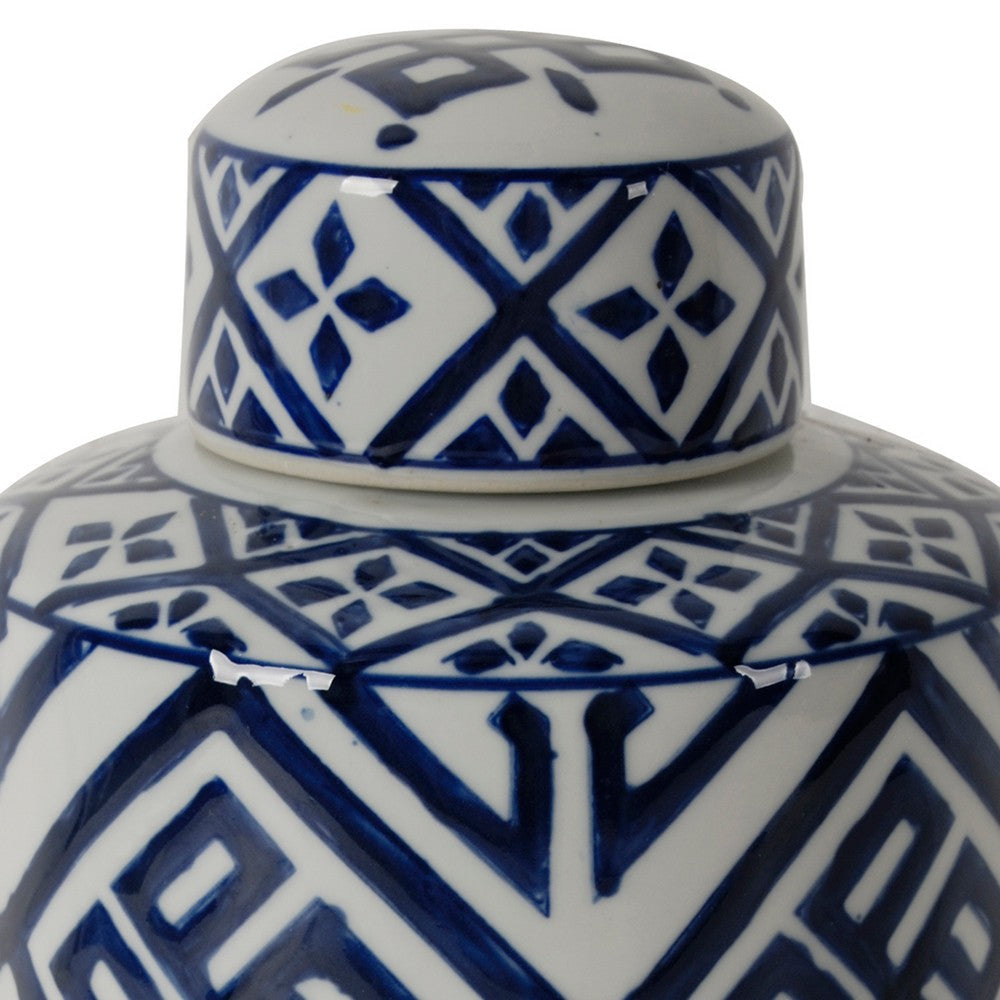 14 Inch Lidded Jar, Geometric Pattern, Cylindrical Blue and White Porcelain - BM285526