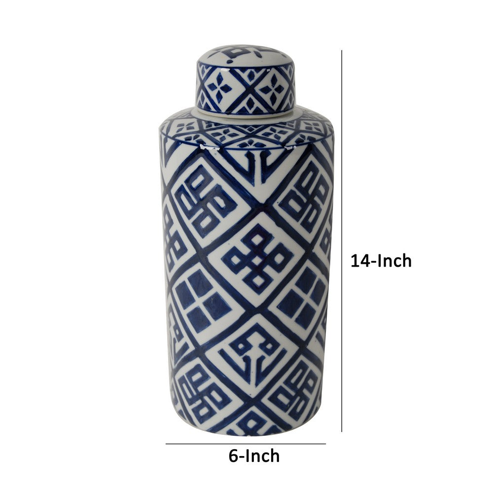 14 Inch Lidded Jar, Geometric Pattern, Cylindrical Blue and White Porcelain - BM285526