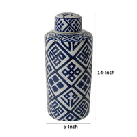 14 Inch Lidded Jar, Geometric Pattern, Cylindrical Blue and White Porcelain - BM285526