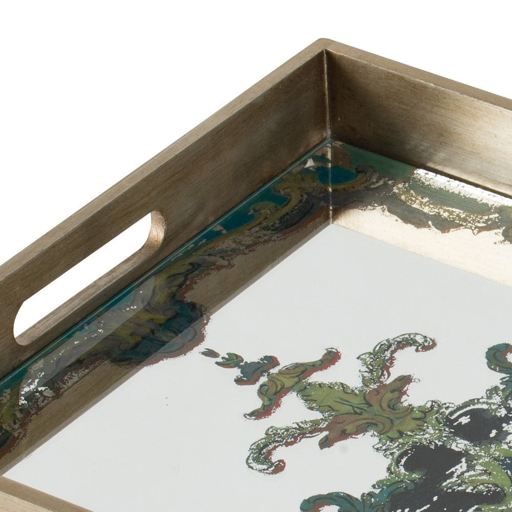 Miki 18 Inch Decorative Tray, Artistic Mirrored Damask Pattern, Gold Finish - BM285528