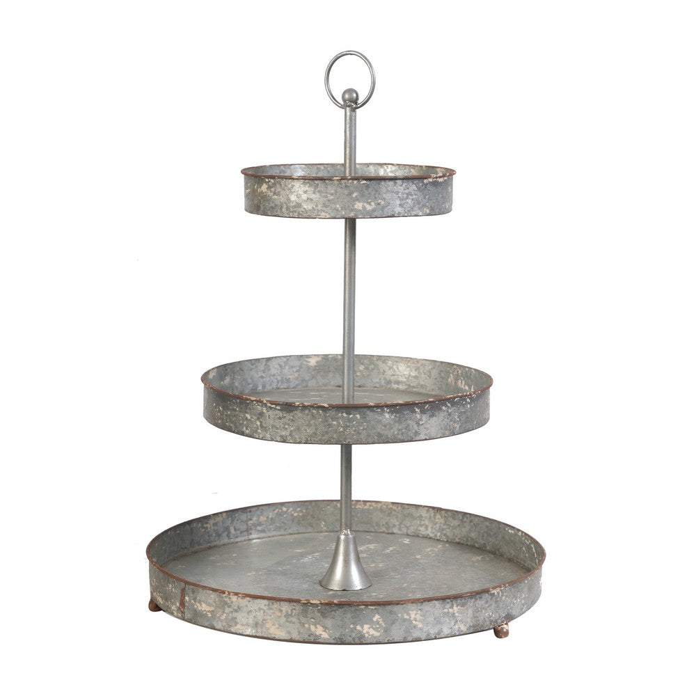 24 Inch Metal Decorative Stand, 3 Tiers with Round Trays, Gray - BM285529