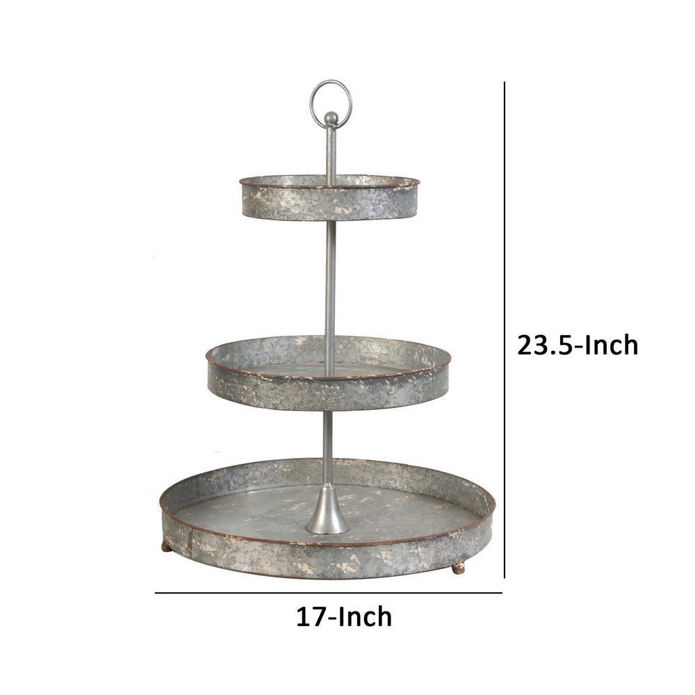 24 Inch Metal Decorative Stand, 3 Tiers with Round Trays, Gray - BM285529