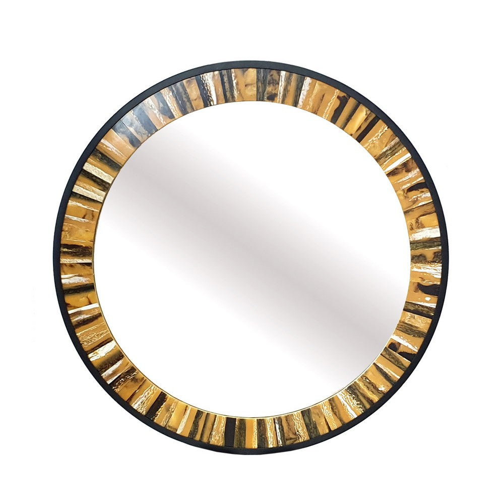 32 Inch Accent Wall Mirror, Round Metal Frame with Agate Inspired Pattern - BM285530