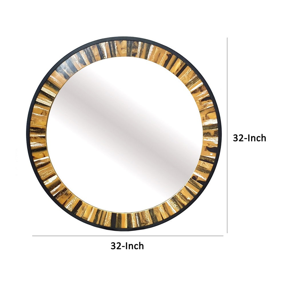 32 Inch Accent Wall Mirror, Round Metal Frame with Agate Inspired Pattern - BM285530
