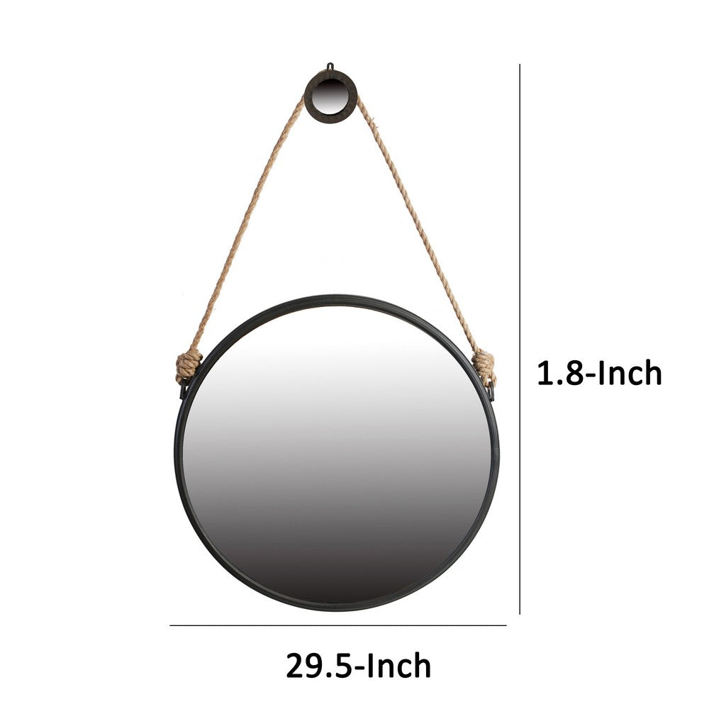 30 Inch Accent Wall Mirror with Rope Hanger and Round Black Metal Frame - BM285535