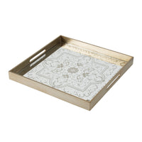 Miki 20 Inch Square Decorative Tray, Artisan Mirrored Floral Pattern, Gold - BM285536