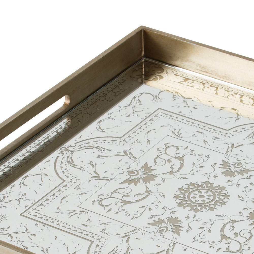 Miki 20 Inch Square Decorative Tray, Artisan Mirrored Floral Pattern, Gold - BM285536