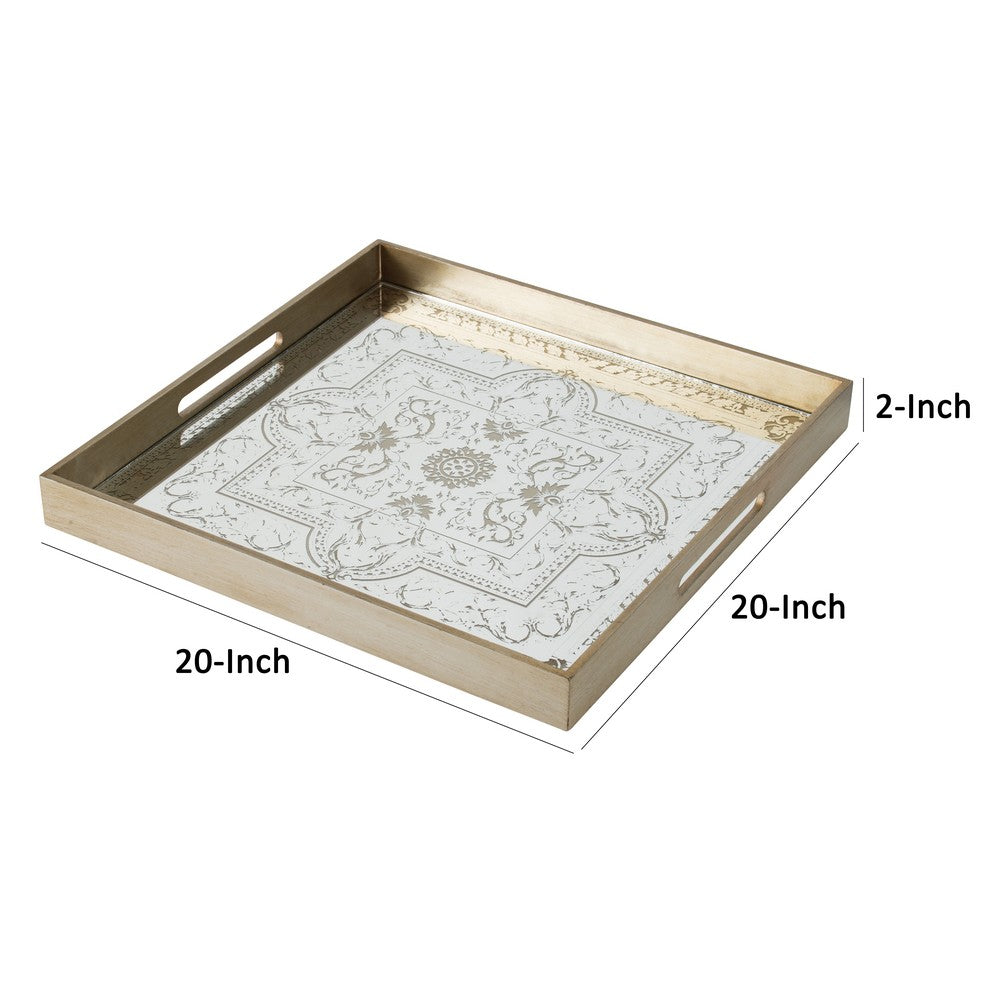 Miki 20 Inch Square Decorative Tray, Artisan Mirrored Floral Pattern, Gold - BM285536