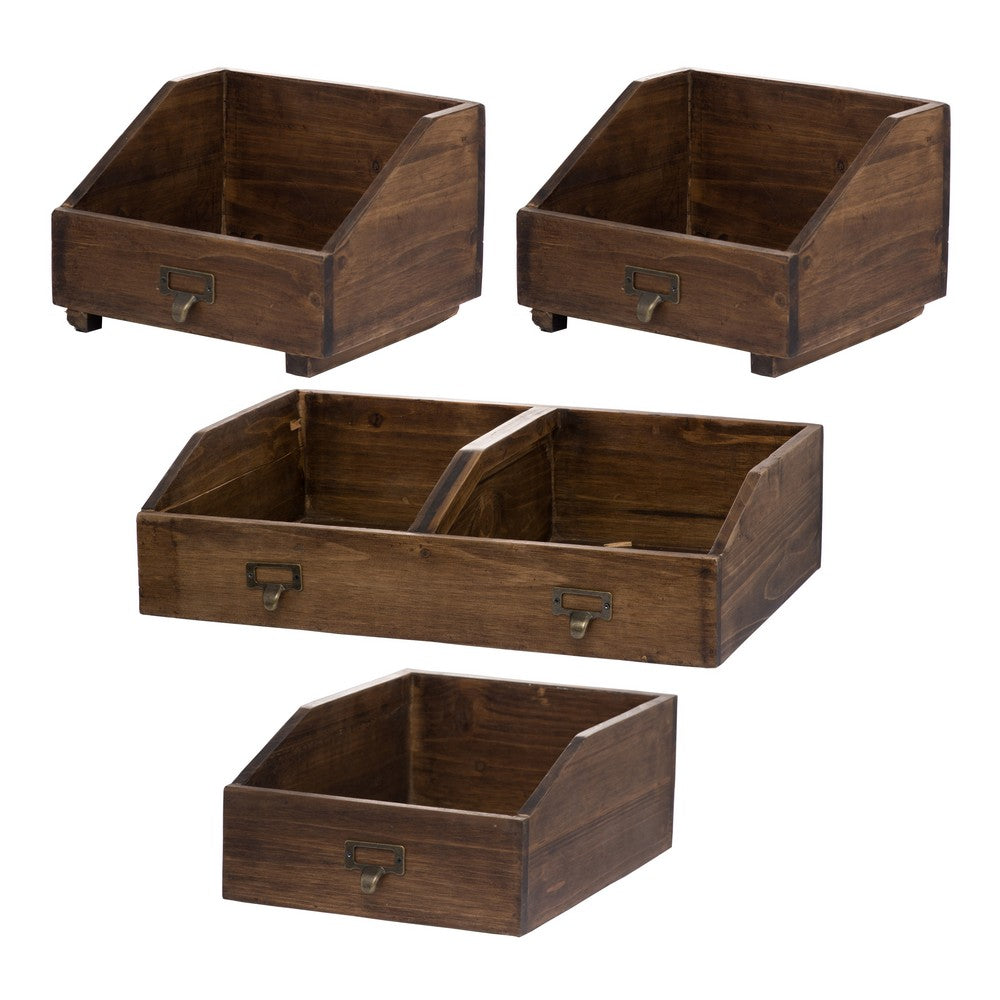 19, 13, 10 Inch Fir Wood Box, Set of 4 with Metal Handles, Antique Brown - BM285546