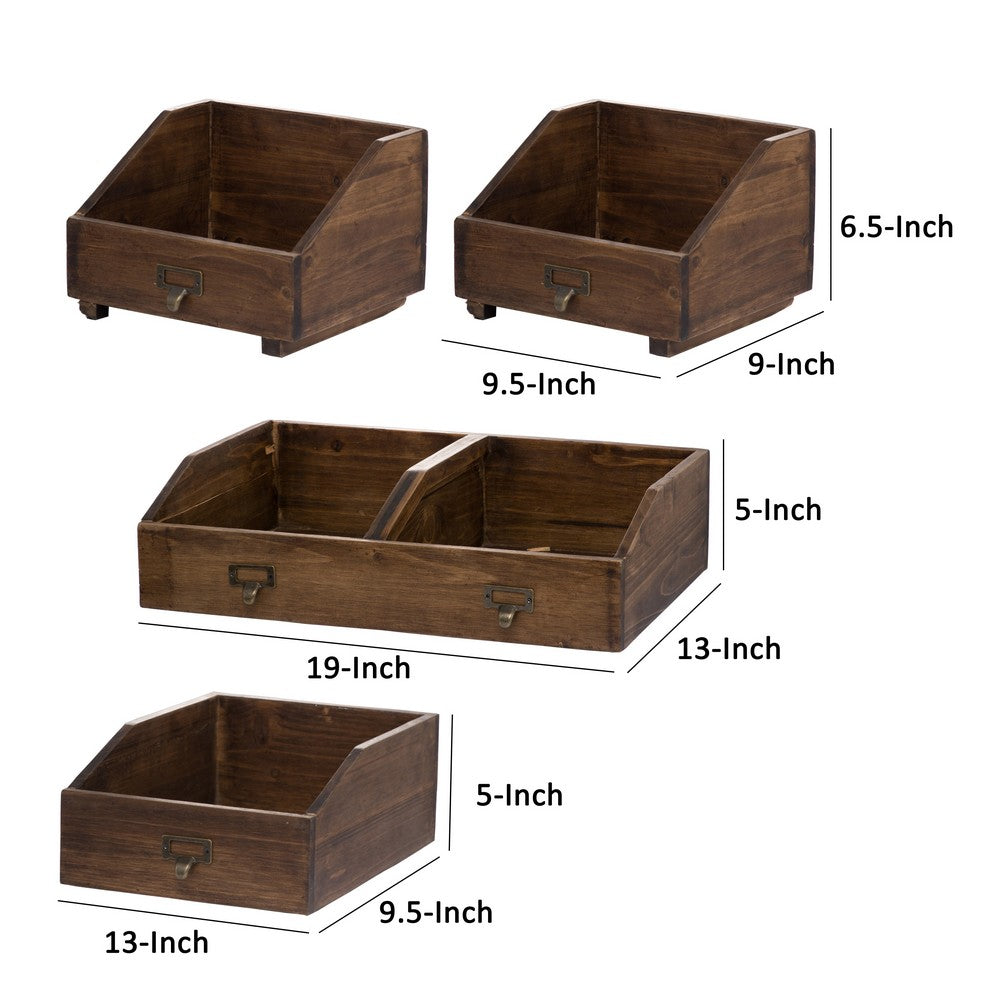 19, 13, 10 Inch Fir Wood Box, Set of 4 with Metal Handles, Antique Brown - BM285546