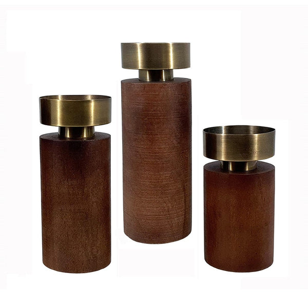 12, 10, 8 Inch Mango Wood Candle Holders with Round Column Pedestals, Brown - BM285547