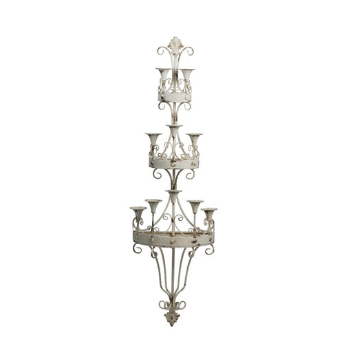 16 Inch Wall Mount Candle Holder, Ornately Scrolled White Metal Finish - BM285548