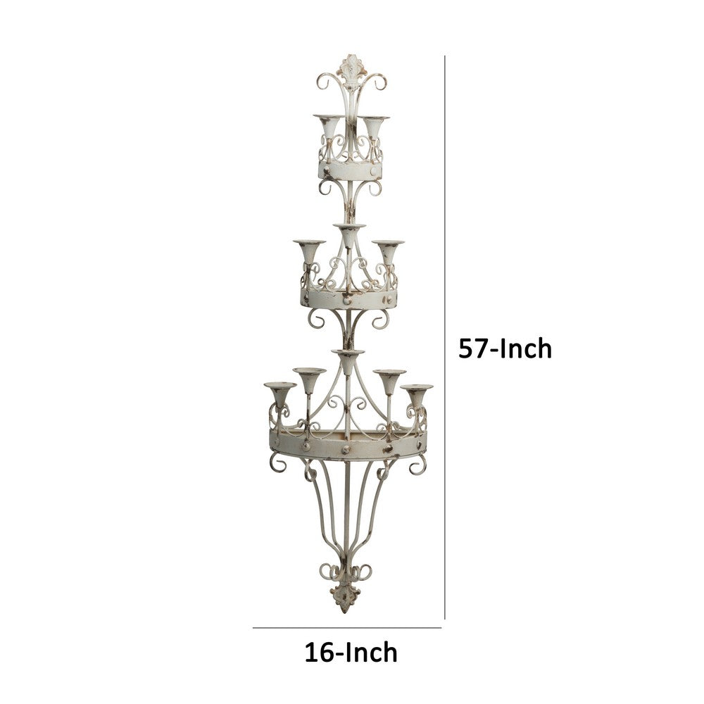 16 Inch Wall Mount Candle Holder, Ornately Scrolled White Metal Finish - BM285548