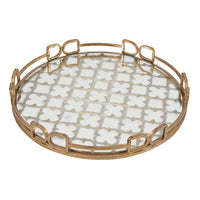 Sui 16 Inch Round Serving Tray, Glass Bottom and Gold Geometric Frame - BM285558