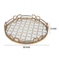 Sui 16 Inch Round Serving Tray, Glass Bottom and Gold Geometric Frame - BM285558