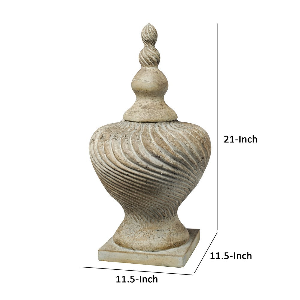 22 Inch Lidded Vase with Turned Finial Design and Swirl Pattern, White - BM285565