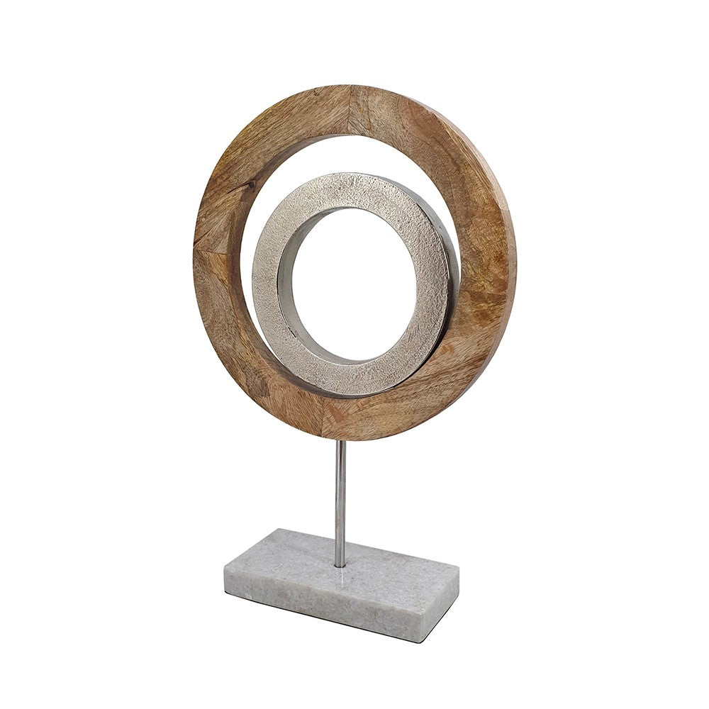 18 Inch Accent Decor, Concentric Rings, Brown Mango Wood on a Marble Base - BM285571