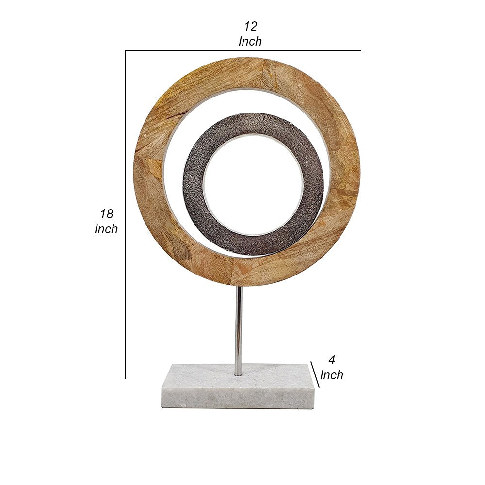 18 Inch Accent Decor, Concentric Rings, Brown Mango Wood on a Marble Base - BM285571