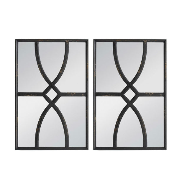 Tio 24 Inch Fir Wood Wall Mirror Set of 2, Geometric Overlaid Design, Black - BM285574